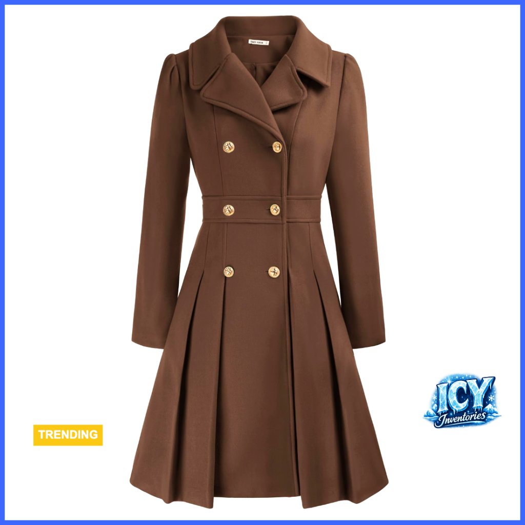 Knee-Length Trench Coat With Notch Lapel Double Breasted A-Line Pea Coat